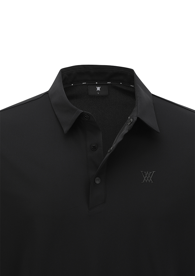 Men’s black solid long sleeve collar golf t-shirt, close-up detail
