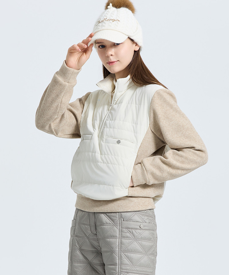 Challenger Women's Striped Quilted Half-Zip Padded Woven Top - Cream