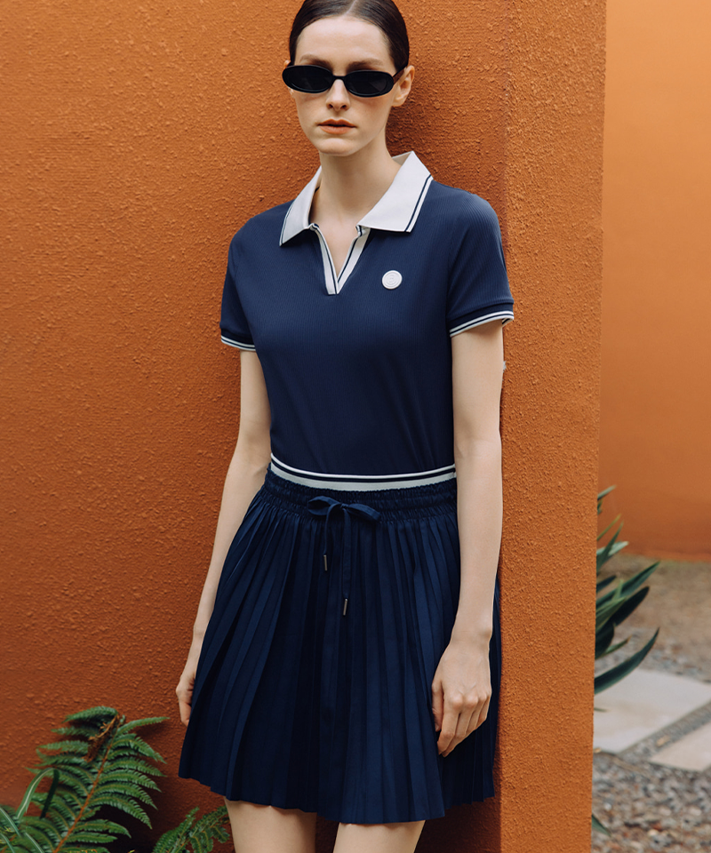 OBER Golf Summer Essential Collared Ribbed Top - Navy