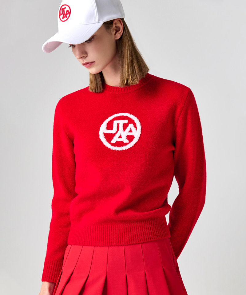 UTAA Women's Jumbo Emblem Wool Blended Knit Pullover - Red