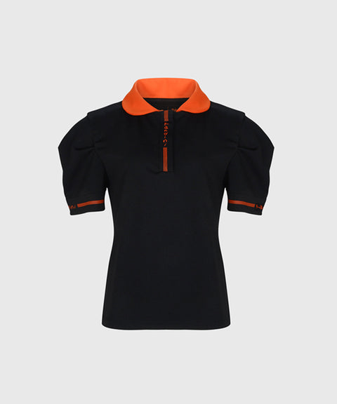 KANDINI Color Round Polo Shirts With Puff Sleeve - Orange