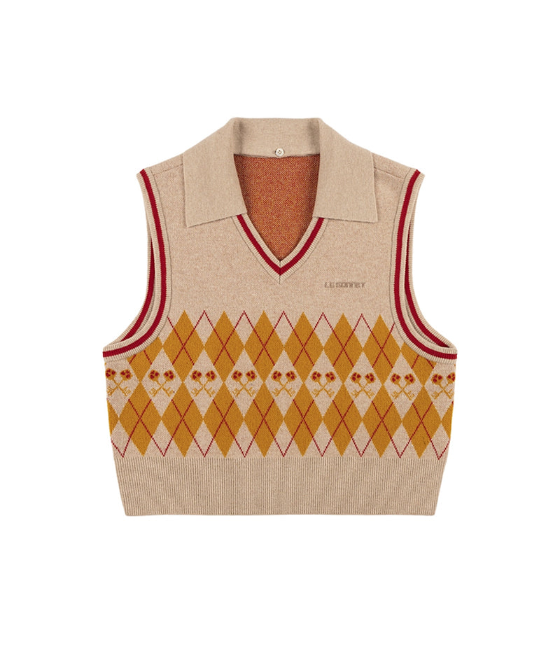 LE SONNET Logo & Agyle Knit Vest - Beige