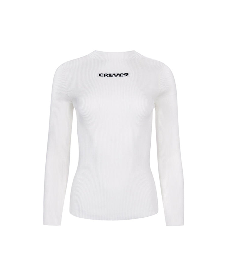 CREVE NINE: Color Blocking Logo High Neck Knit - White