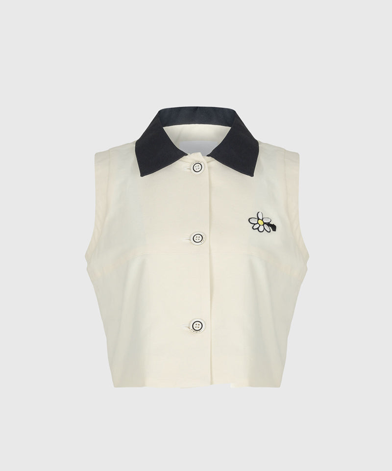 KANDINI Classic Contrast Collar Button-Up Vest - Cream