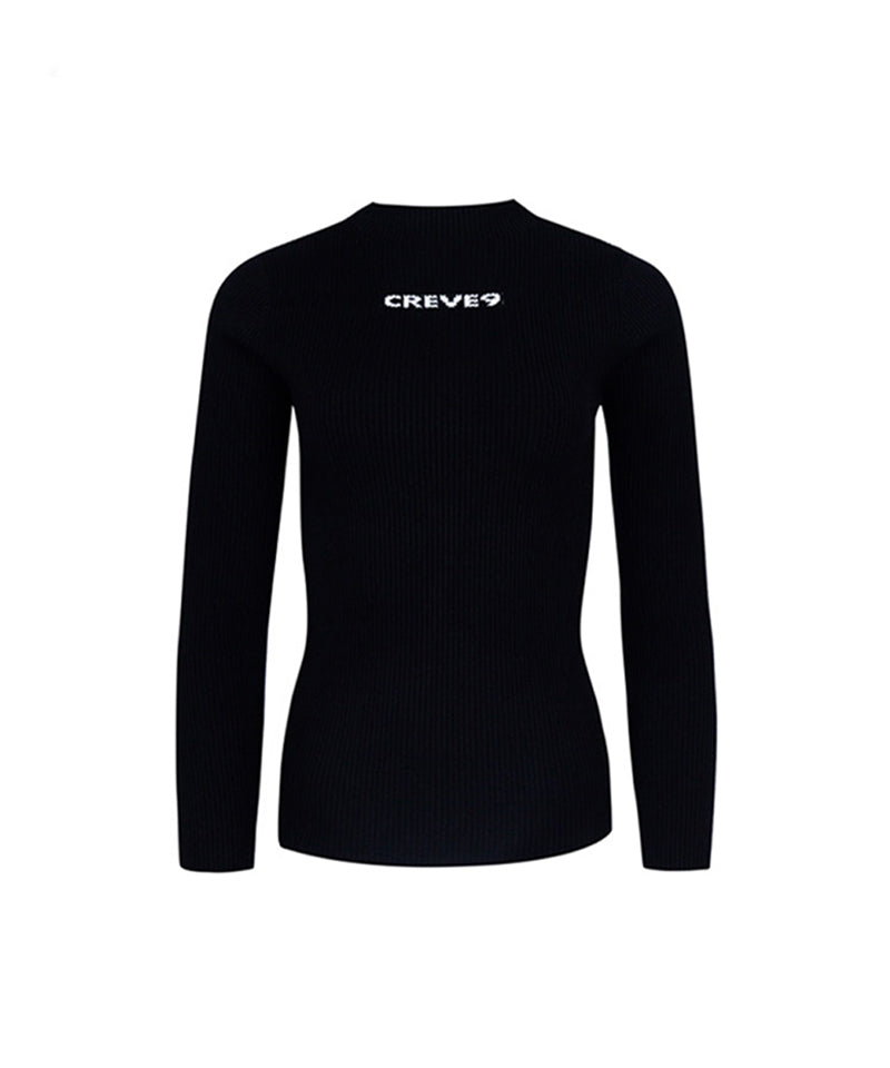 CREVE NINE: Color Blocking Logo High Neck Knit - Black