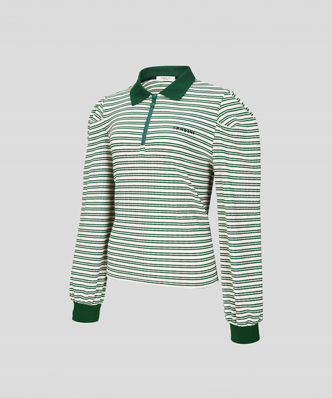 KANDINI Striped Puff Sleeve Zip-up Polo Shirt (Long Sleeve) - Green