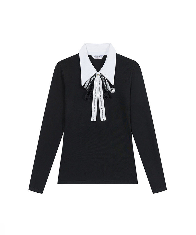 Ribbon Zip-Up Collar T-Shirt - 2 Colors