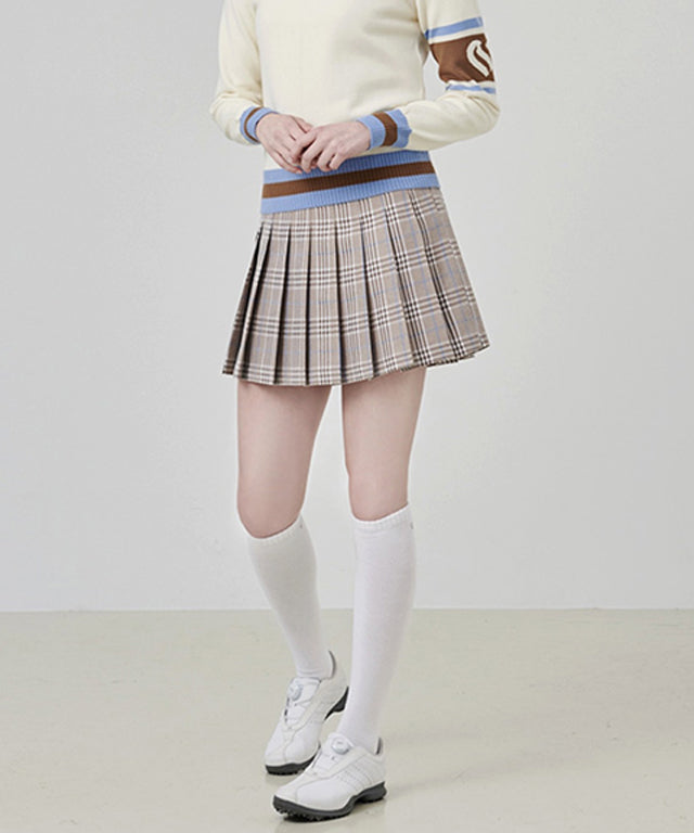CHUCUCHU Check Pleated Skirt - Beige