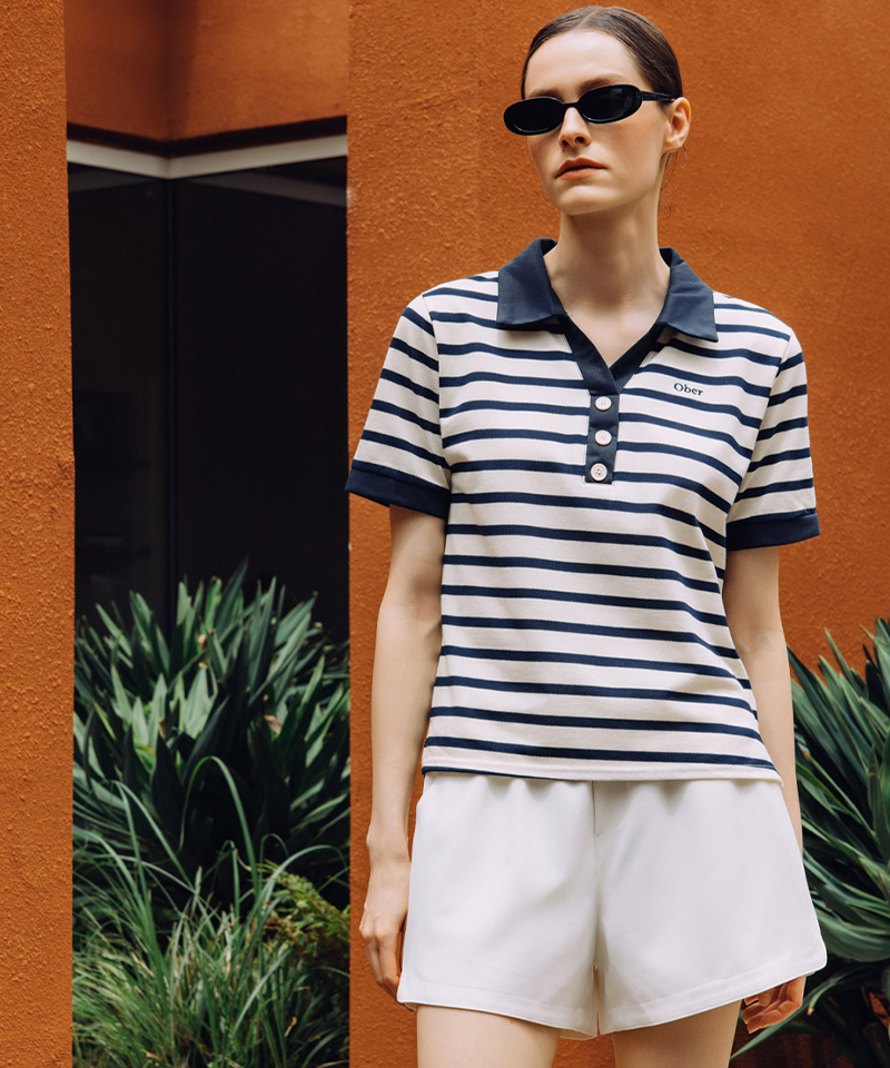 OBER Golf Striped Y-collar top - Navy