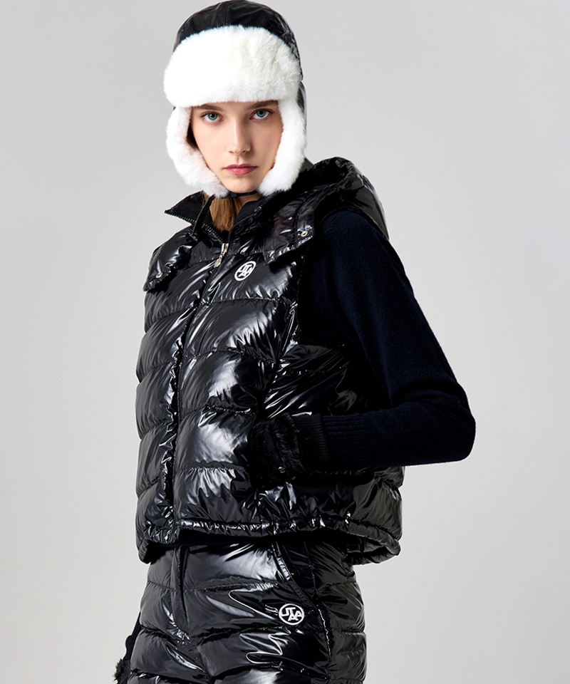 UTAA Women's Glossy Color Hood Down Vest - Black