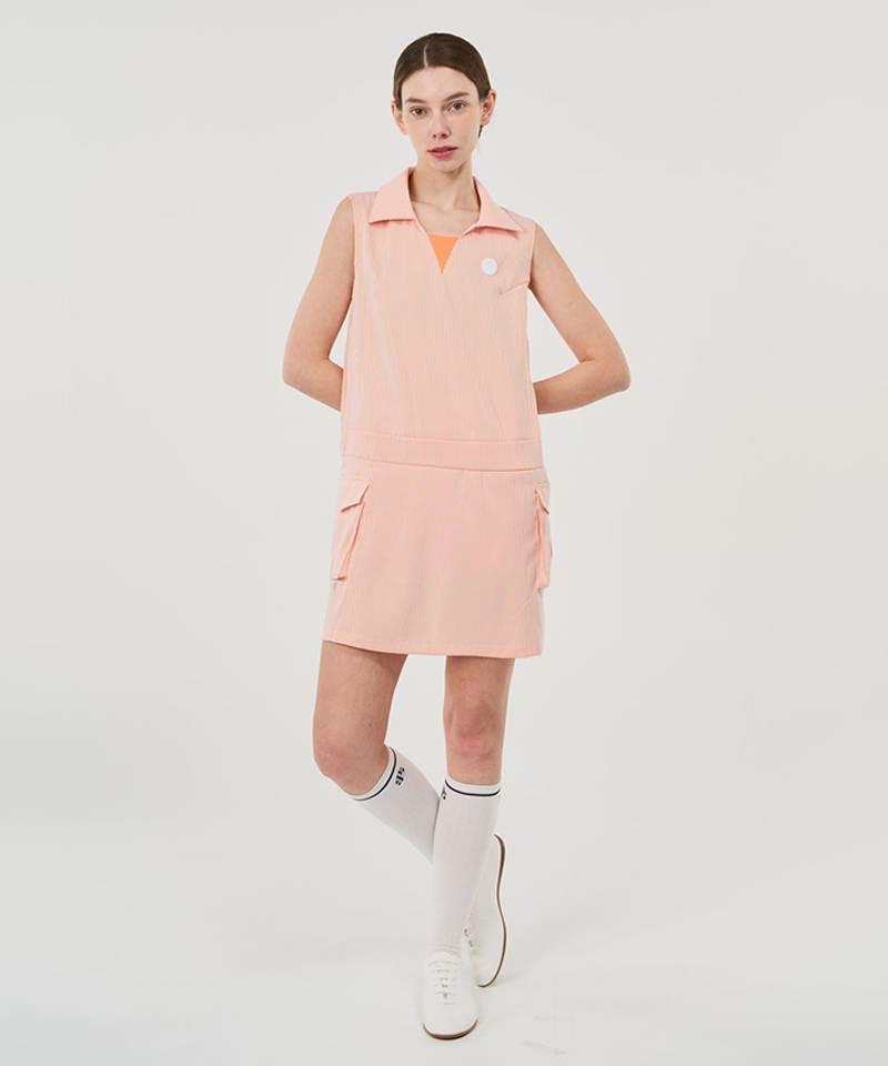 POSHERD Stripe Pocket Sleeveless One Piece - Orange