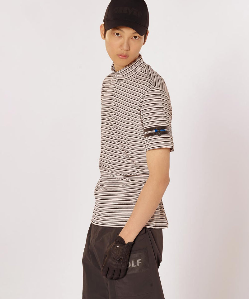 CREVE NINE: Men's Striped Mock Neck T-Shirt - Beige