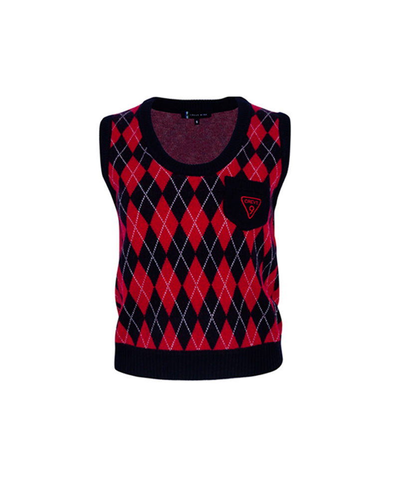 CREVE NINE: Embroidered Argyle Knit Vest - Navy