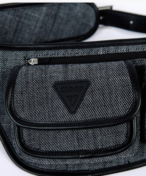 CREVE NINE: Diagonal Pocket Canvas Hip Bag Belt Bag - Black