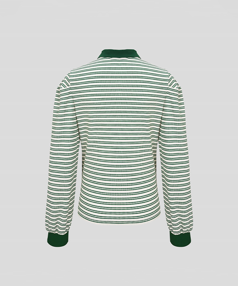 KANDINI Striped Puff Sleeve Zip-up Polo Shirt (Long Sleeve) - Green