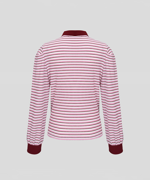 KANDINI Striped Puff Sleeve Zip-up Polo Shirt (Long Sleeve) - Wine