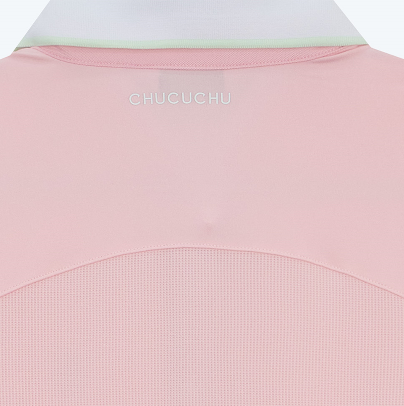 CHUCUCHU Line Back Mesh Collar Short Sleeve Top - Pink