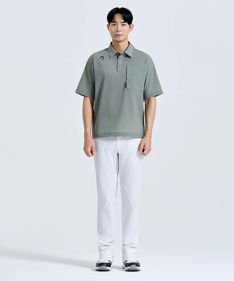 Challenger Men's Pocket Point Collar Short Sleeve Woven Top - Light Khaki