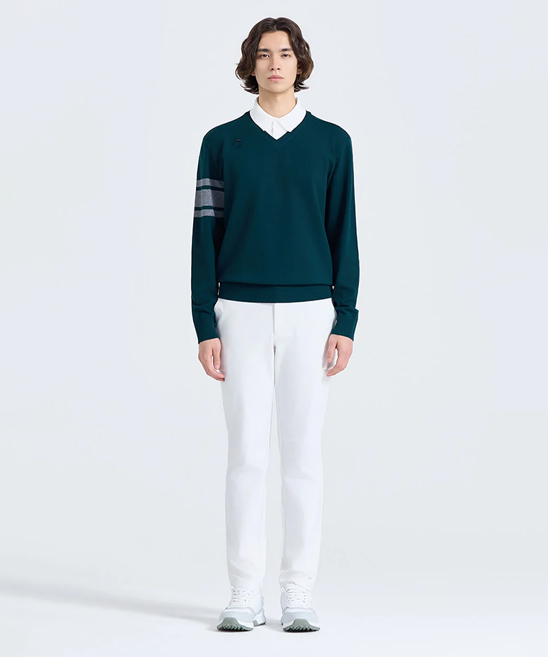 Challenger Men's V-Neck Layered Double Collar Knit Pullover - Dark Green