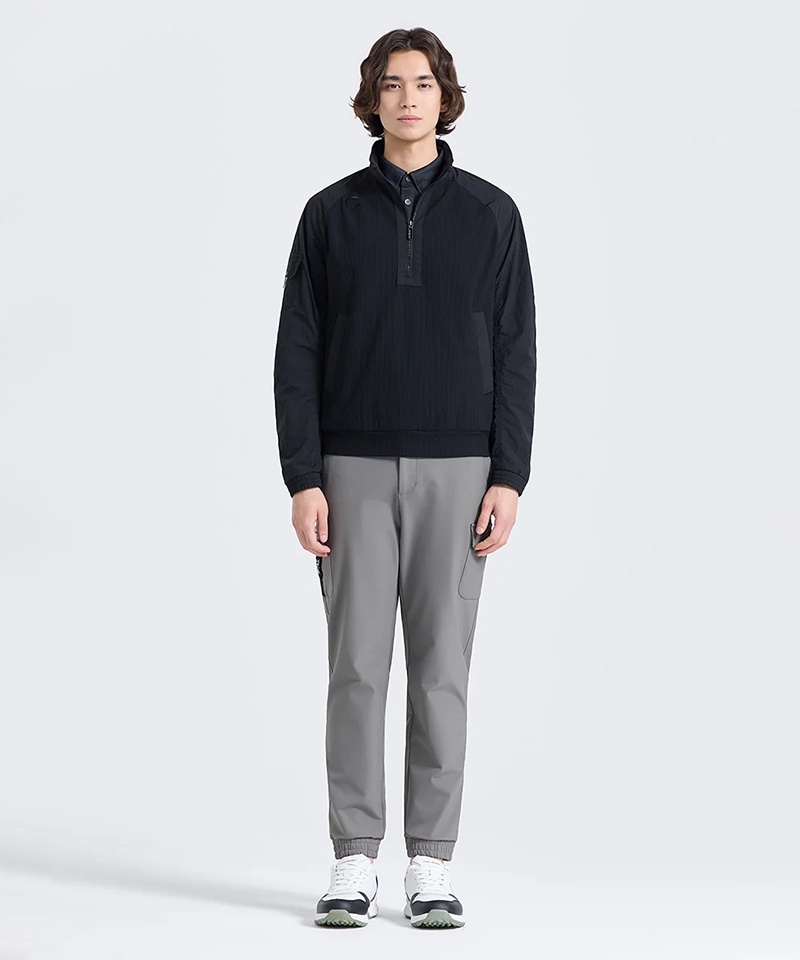 Challenger Men's Waffle Jersey Windproof Half-Zip Woven Top - Black