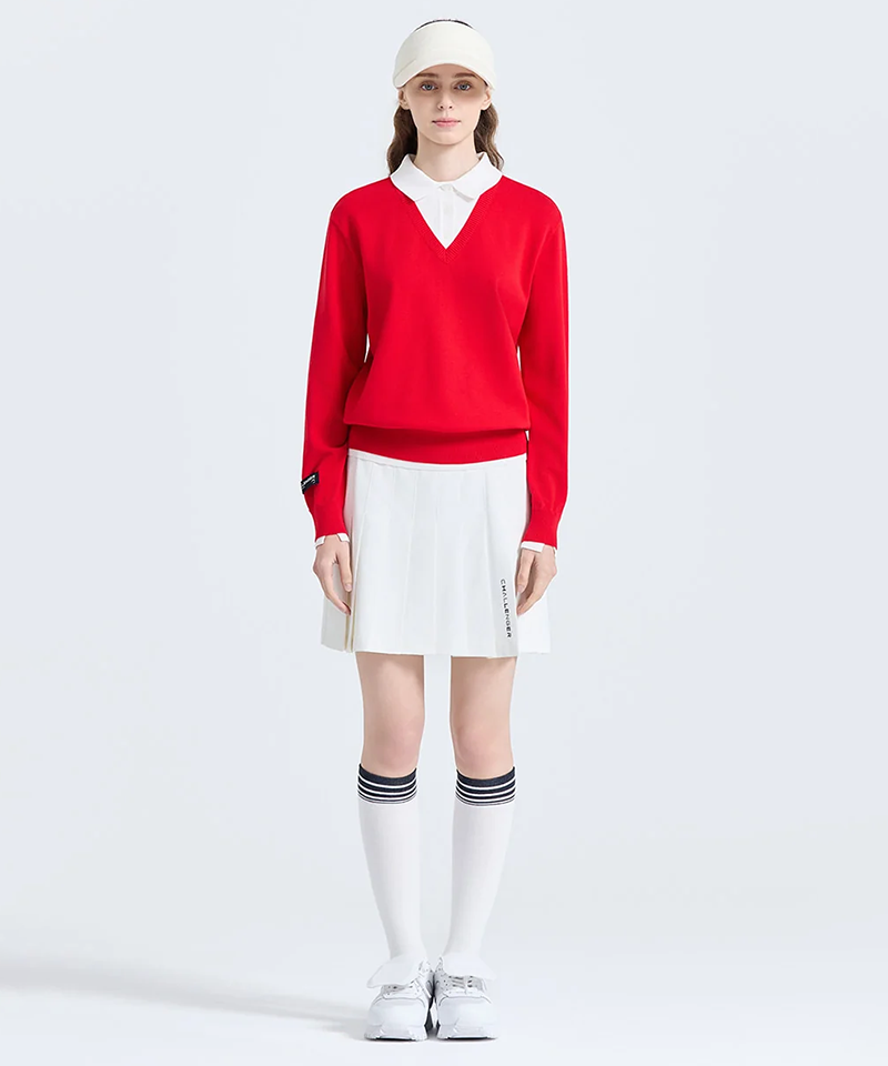 Challenger Women's Layered Double Collar Knit Pullover - Red