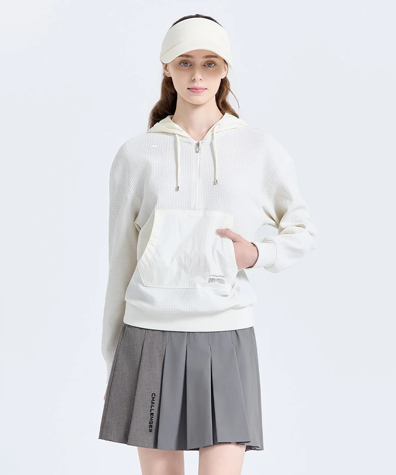 Challenger Women's Waffle Woven Kangaroo Pocket Hooded Long Sleeve T-Shirt - Cream