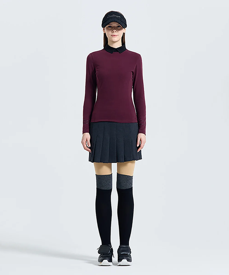 Challenger Women's Brushed-Lined Collared T-Shirt with Sleeve Details - Wine