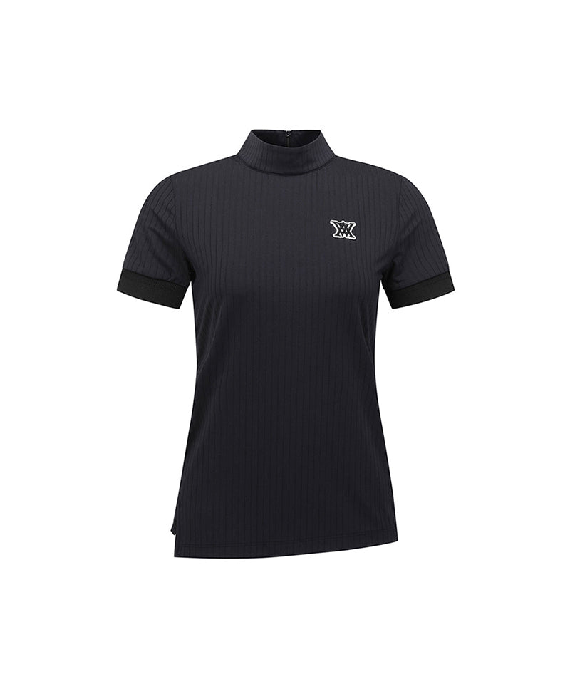 Women High Neck Zipper  Point Shot T-Shirt - Black