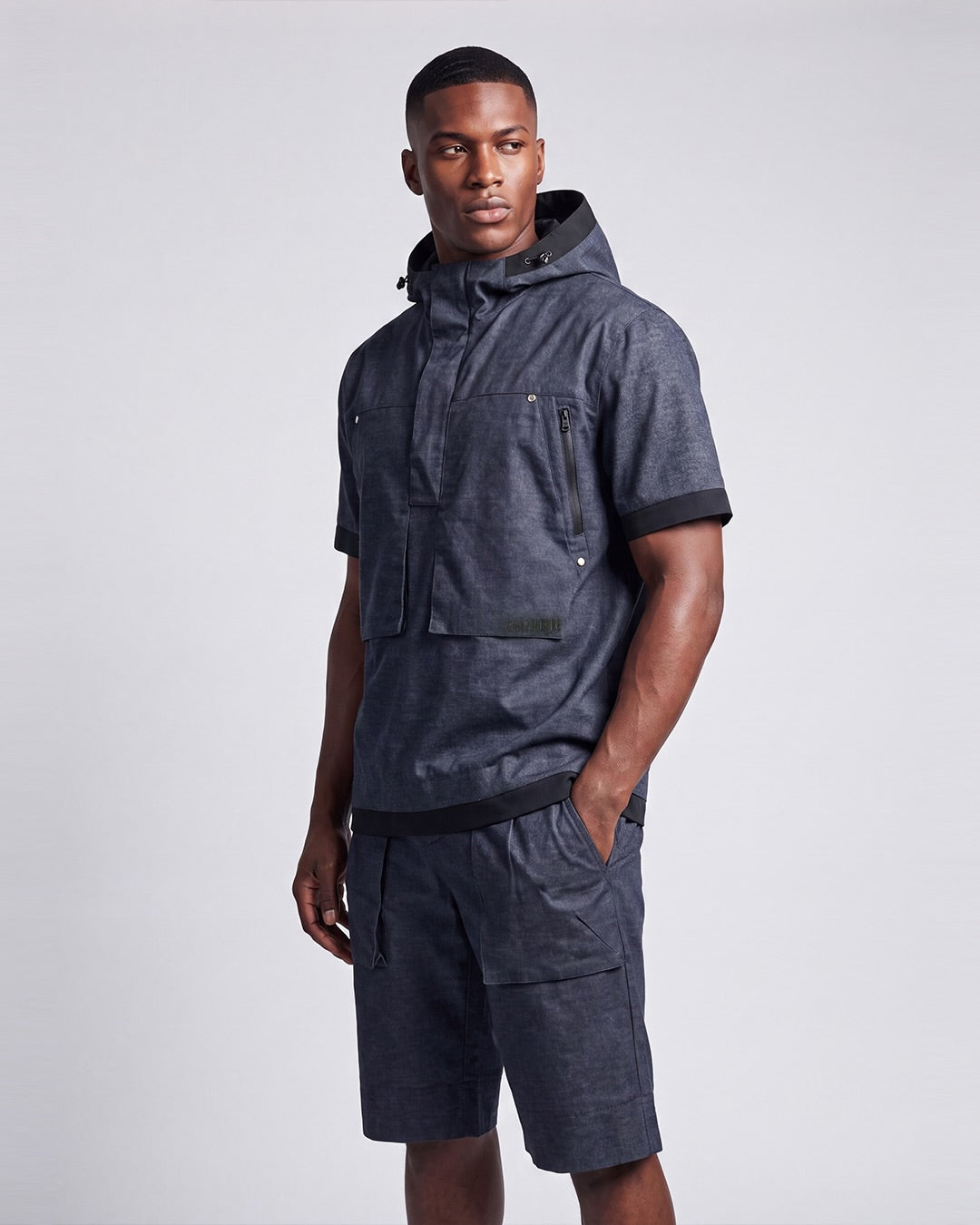 Amazing Cre men's navy Engineered Indigo Cargo Short golf Pants, front view