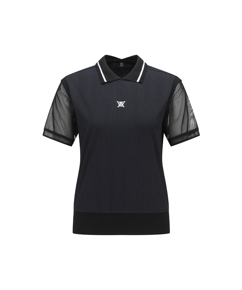 Women Shoulder Mesh Point Short T-Shirt - Black