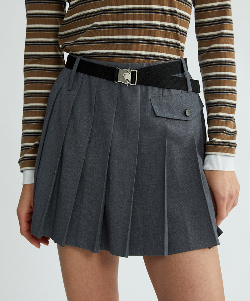 Monday Flow Pleated Skirt (Belt Set) - Gray