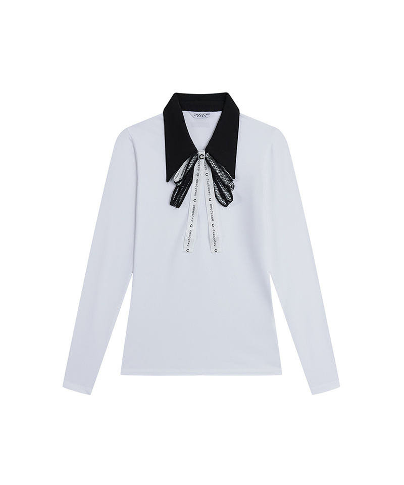 Ribbon Zip-Up Collar T-Shirt - 2 Colors