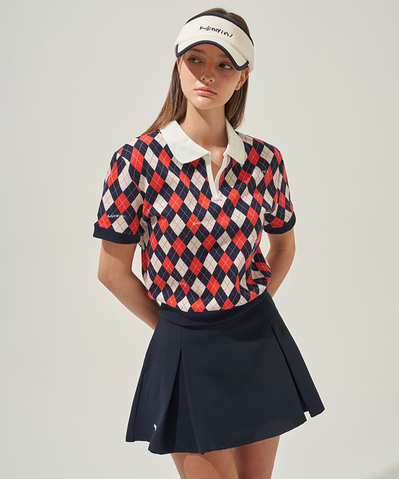KANDINI Argyle Jacquard V-Neck Top - Red/Navy