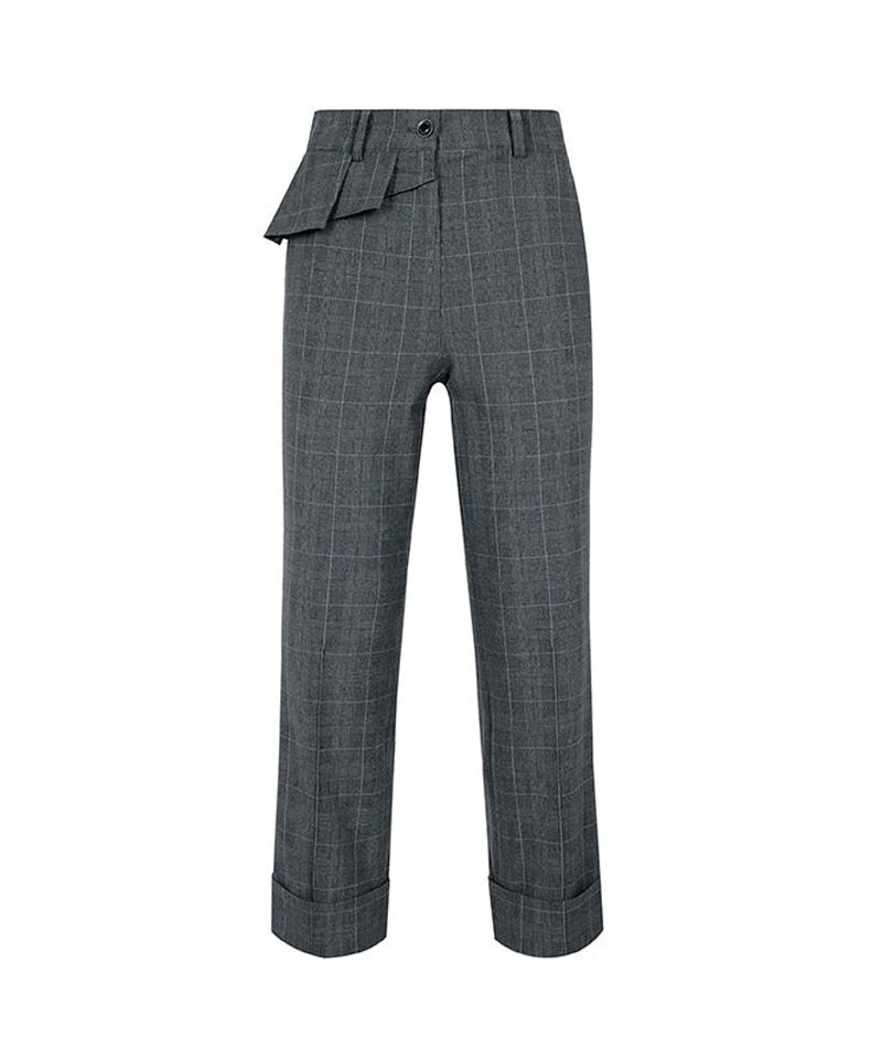 CREVE NINE: Side Frill Check Pants - Charcoal