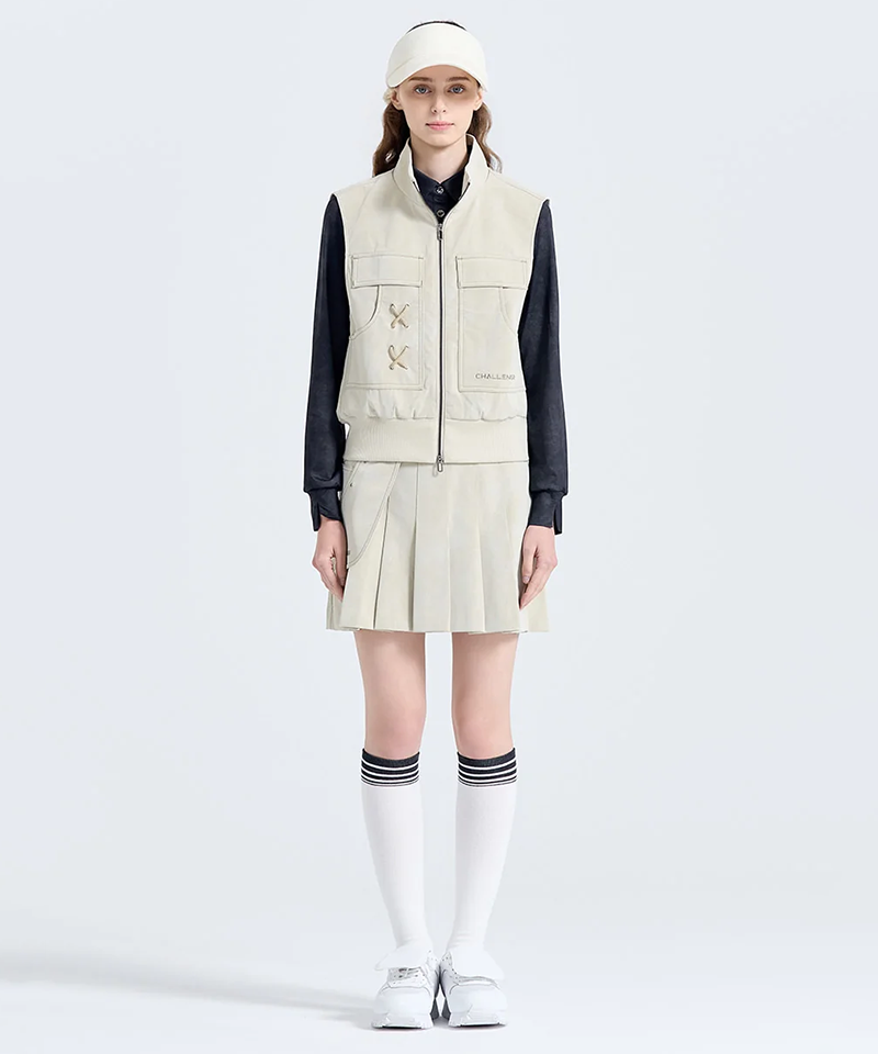 Challenger Women's Suede Pocket Detail High-Neck Vest - Light Beige