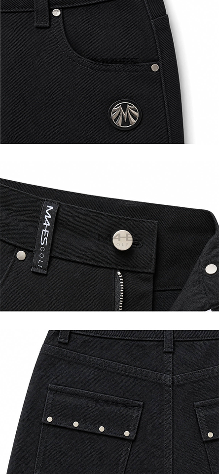 Three close-up product views of black denim jeans on a white background, showing the pocket, waistband hardware, and back pocket details.