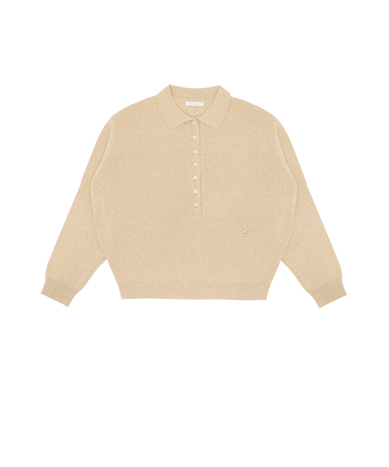 Piv'vee Long Placket Henley Knit Top - Milk Tea Beige