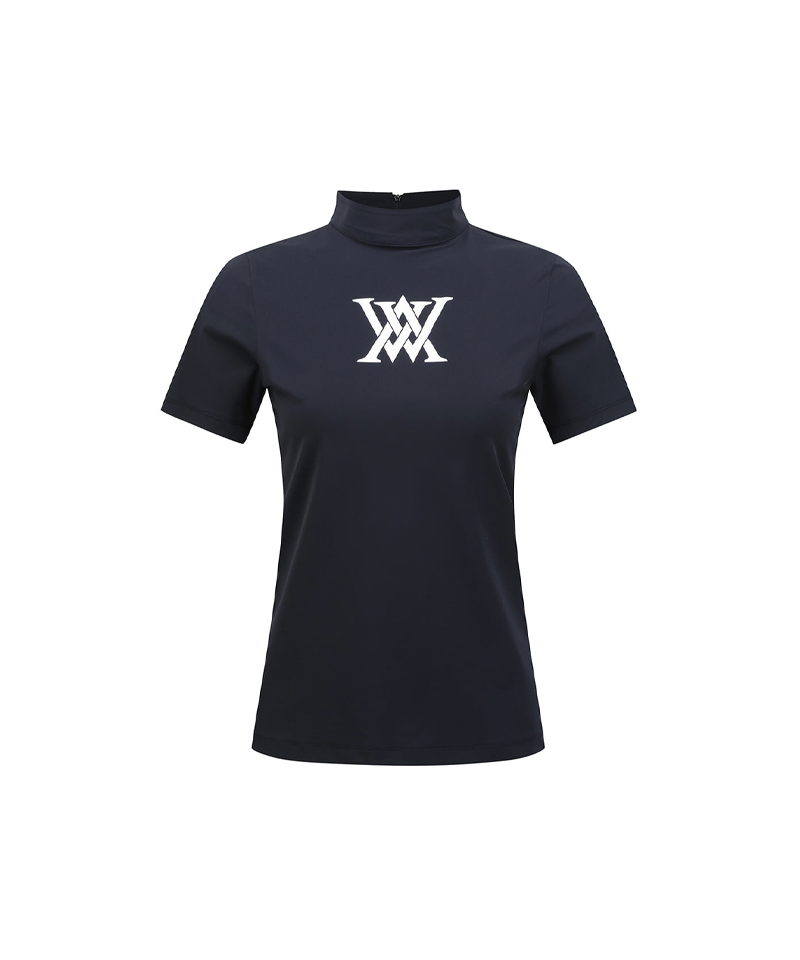 Women's Back Zip Mock Neck T-Shirt - Navy