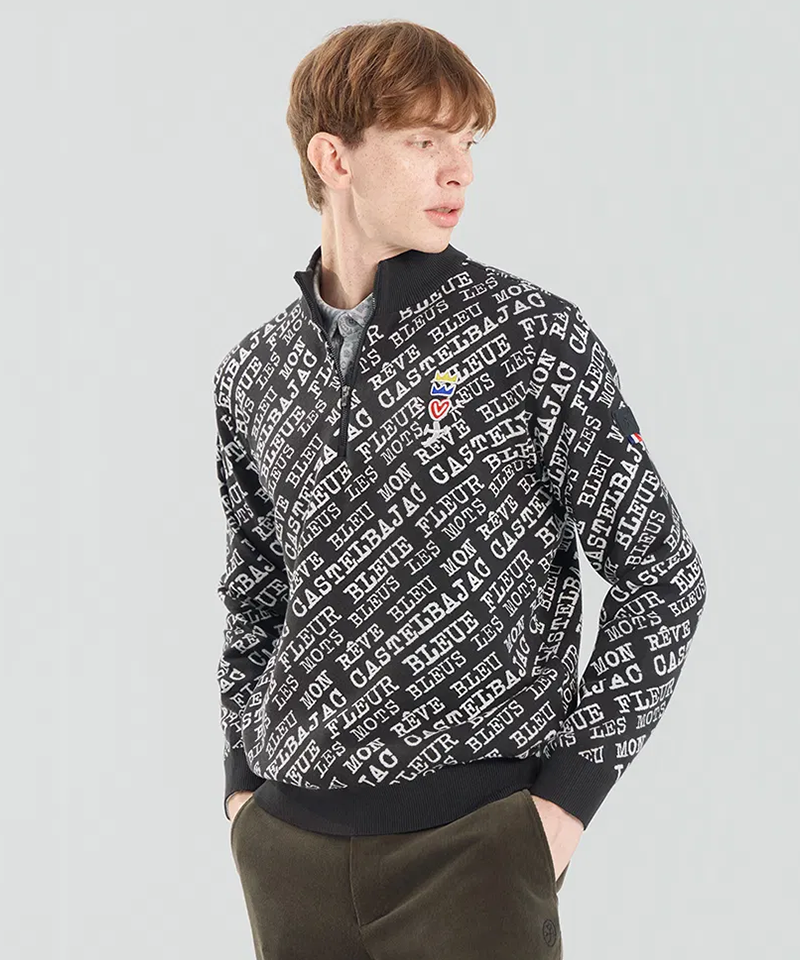 Castelbajac Men's Logo Lettering Jacquard Half-Zip Knit - Black