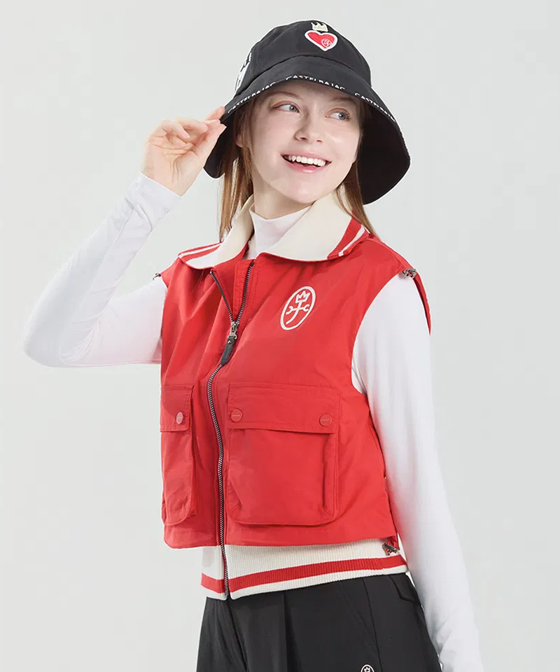 Castelbajac Women's Wide Collar Out-Pocket Zip-Up Vest - Red