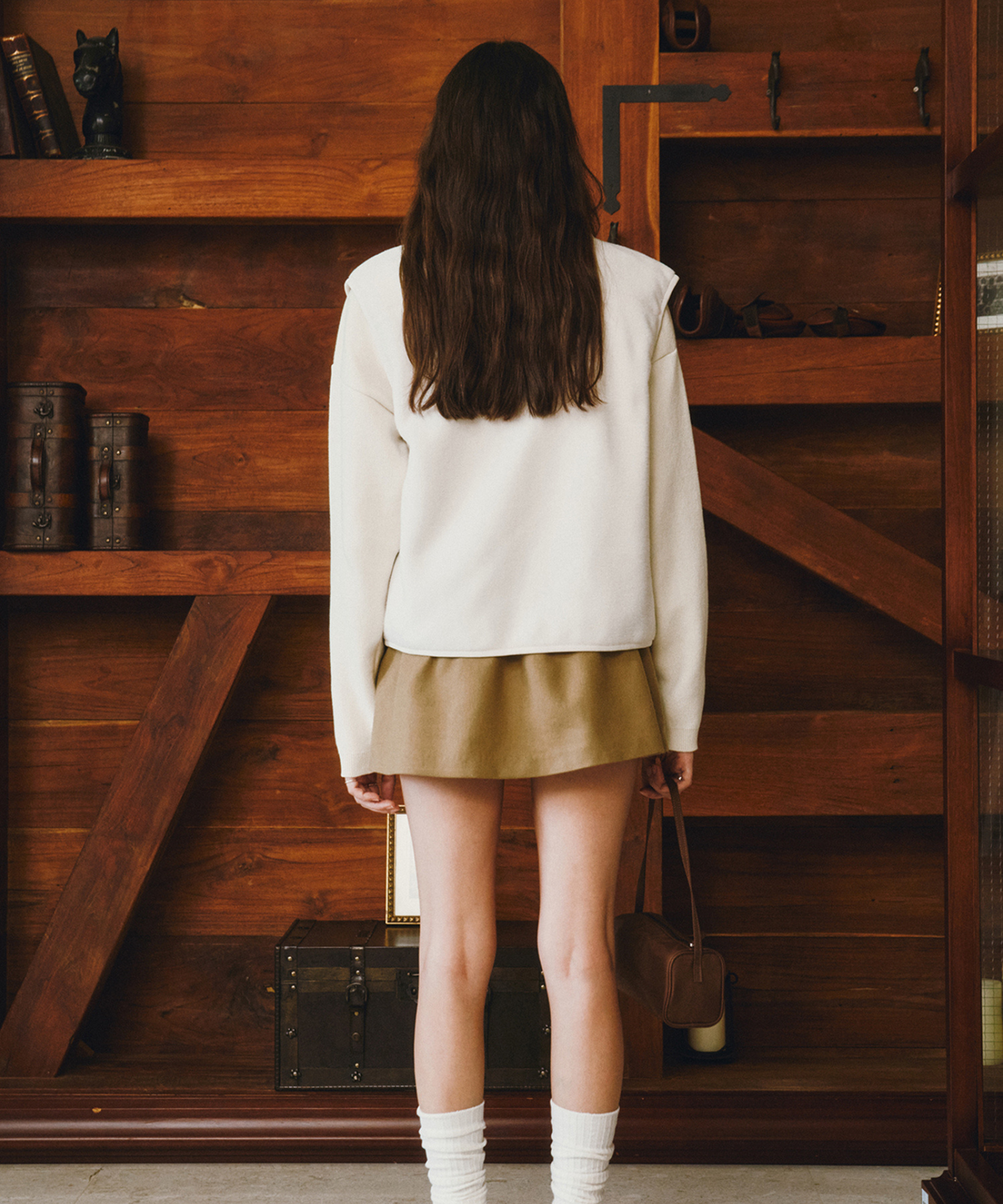 PIV'VEE Cashmere Blend Drawstring Mini Skirt Milk Tea Beige