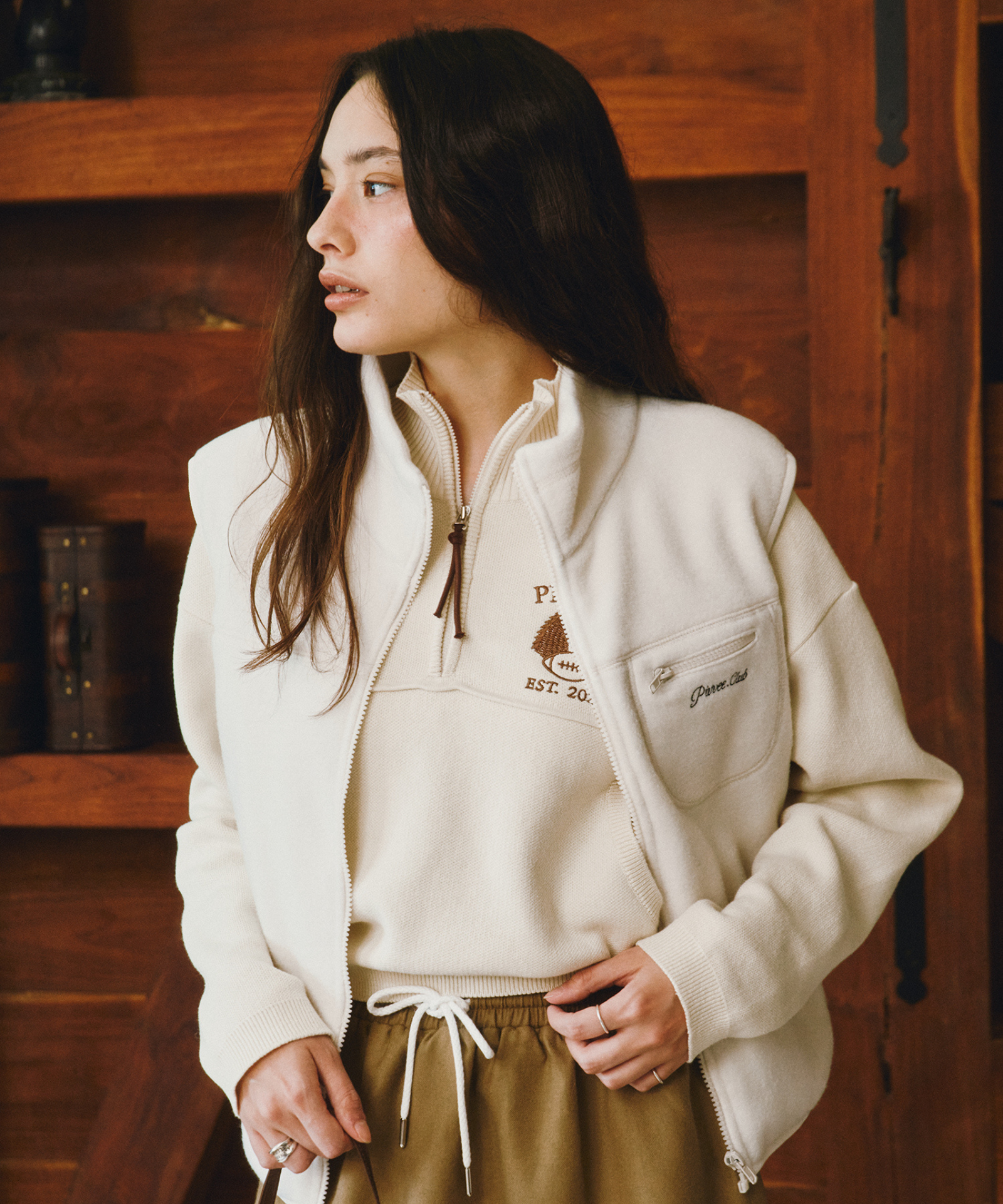 PIV'VEE Cashmere Blend Drawstring Mini Skirt Milk Tea Beige