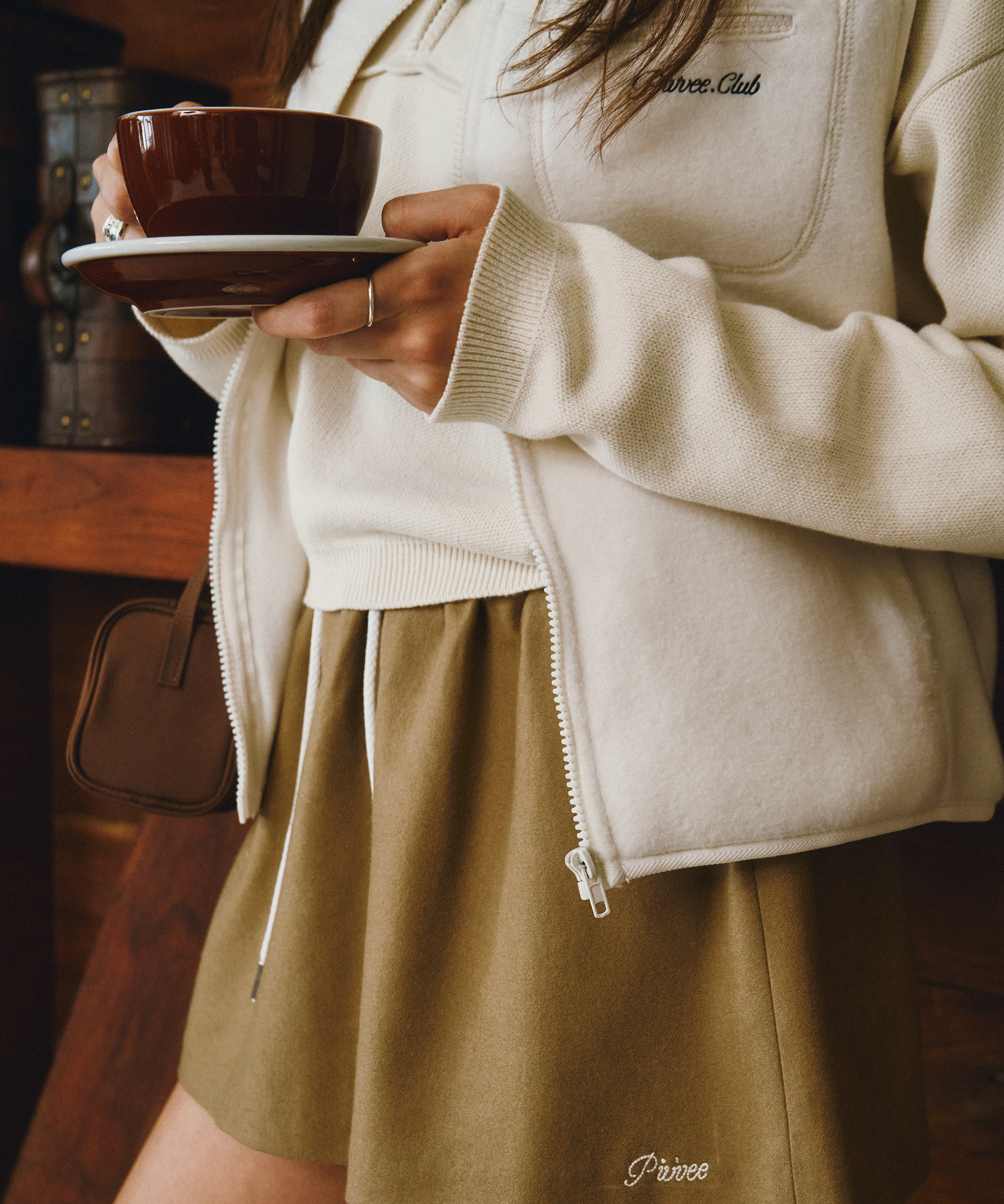 PIV'VEE Cashmere Blend Drawstring Mini Skirt Milk Tea Beige