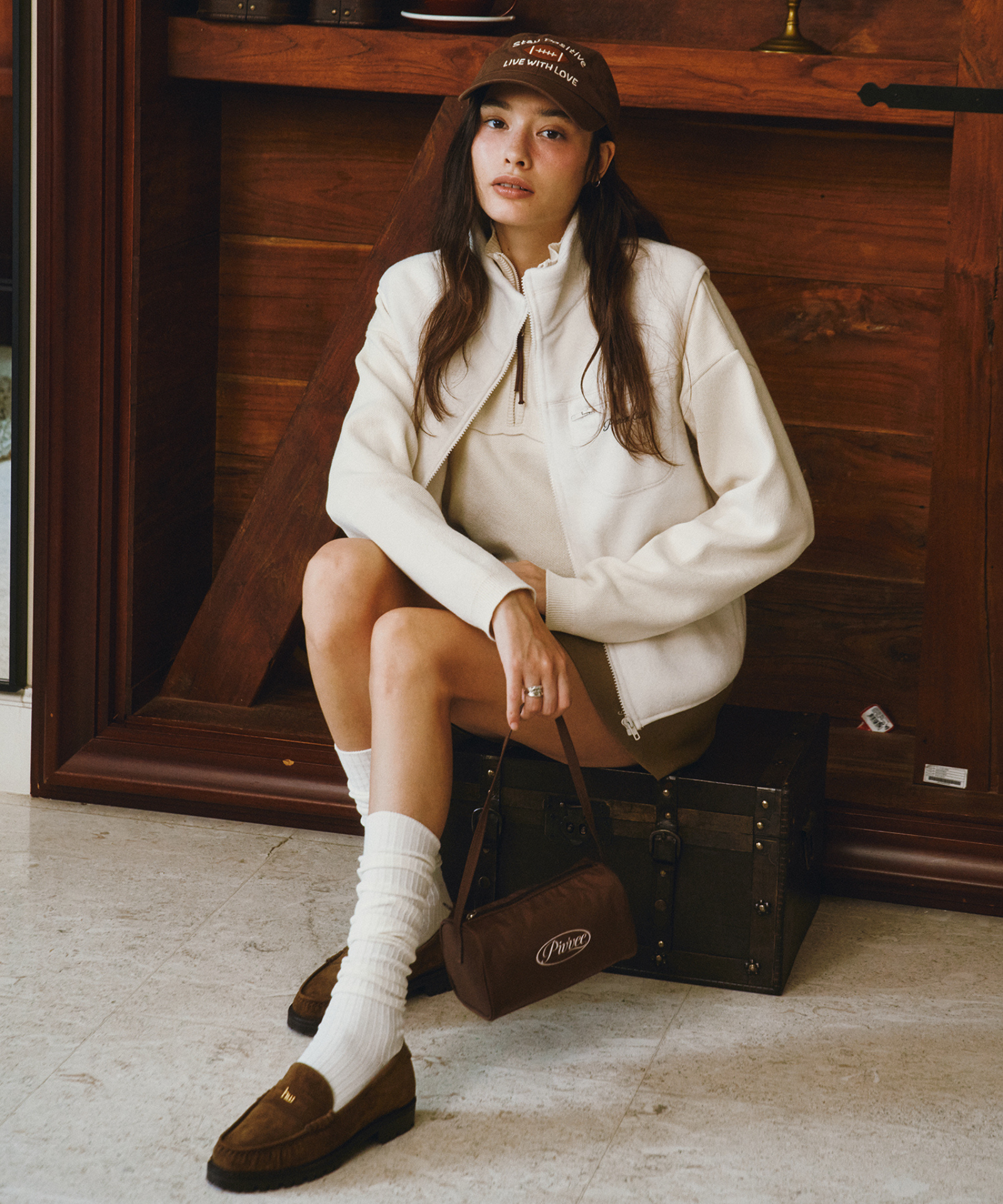 PIV'VEE Cashmere Blend Drawstring Mini Skirt Milk Tea Beige