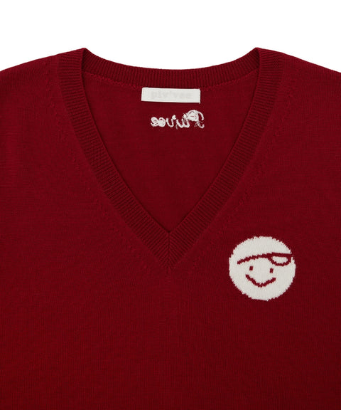 Classic V Neck Knit Vest Wine Red