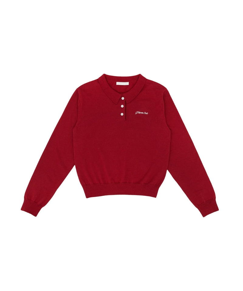 Cotton Cashmere Knit PK Shirt -Wine Red