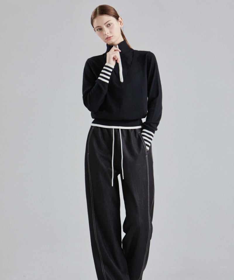CHUCUCHU Denim Stitch Wide Pants Black