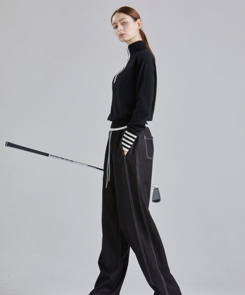 CHUCUCHU Denim Stitch Wide Pants Black