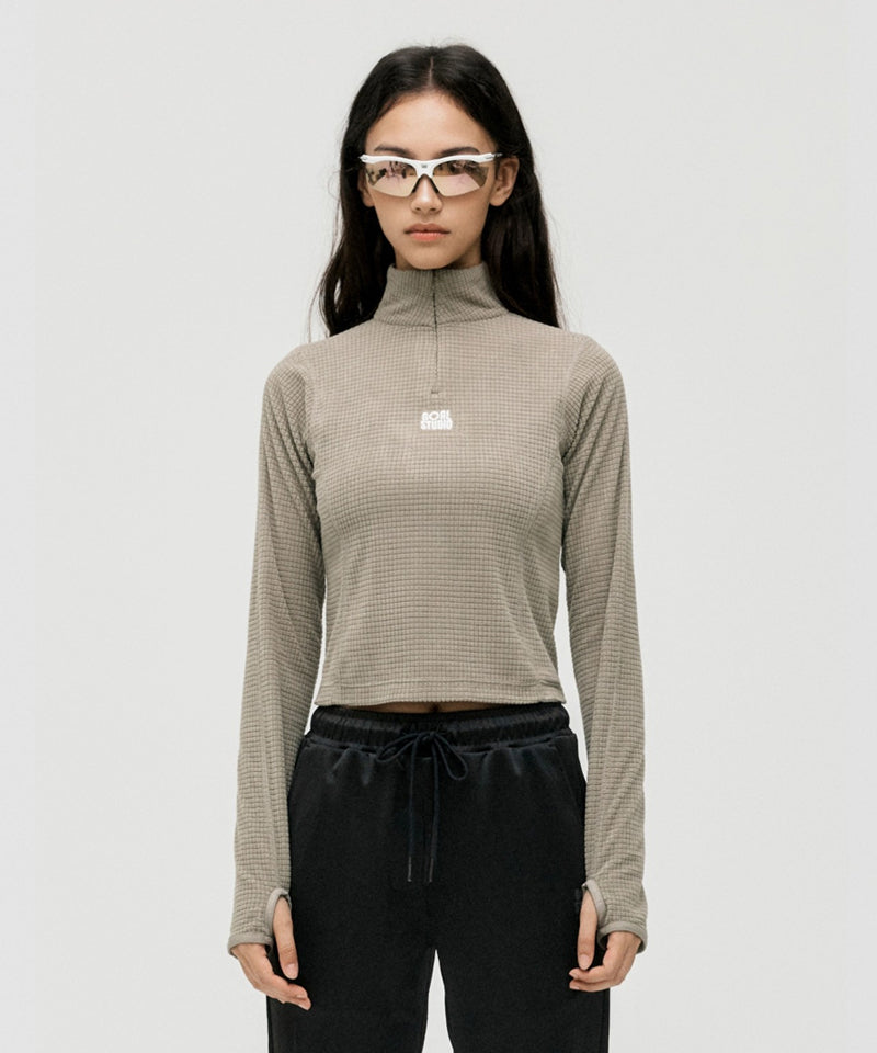 Goal Studio Women's Grid Fleece Quarter Zip-Up Tee - Dark Beige
