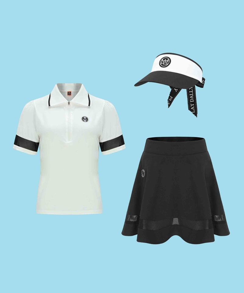 Signature Gold Label Wind See-through All-Outfit Set (Top + Bottom + Visor) - White Black
